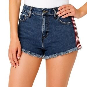 N3T Jean Shorts Blue Denim Red White Side Stripe‎ Fringe Patriotic Retro USA LG